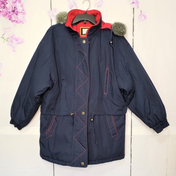 Severn Jackets & Blazers - Severn Navy Blue Faux Fur Trim Hooded Parka L